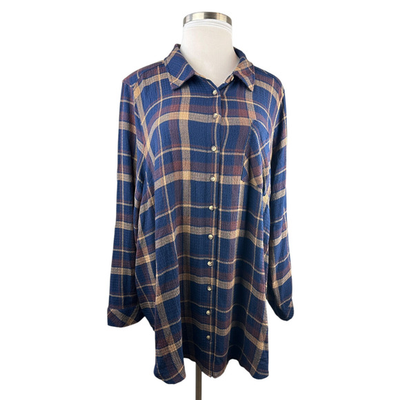 Torrid Lizzie Crinkle Flannel Gauze Button Up Tunic Navy Plaid Plus Size 4 4X - Picture 2 of 16